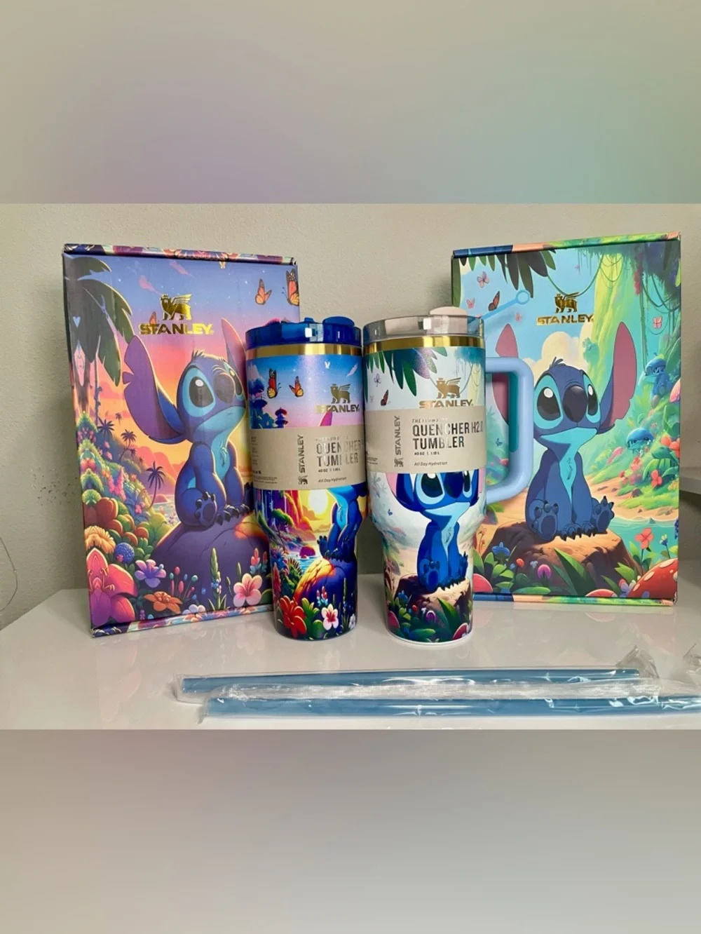 Stanley Quencher Tumbler 40 oz w/ Custom in Blue & Light Blue Stitch Bundle Rare - Picture 2 of 5